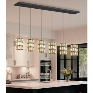6-Lights Rectangle Modern Crystal Pendant Lights for Kitchen Island LED Dimmable Glam Pendant Lighting Chandelier for Dining Room Hallway Corner Lamp Black