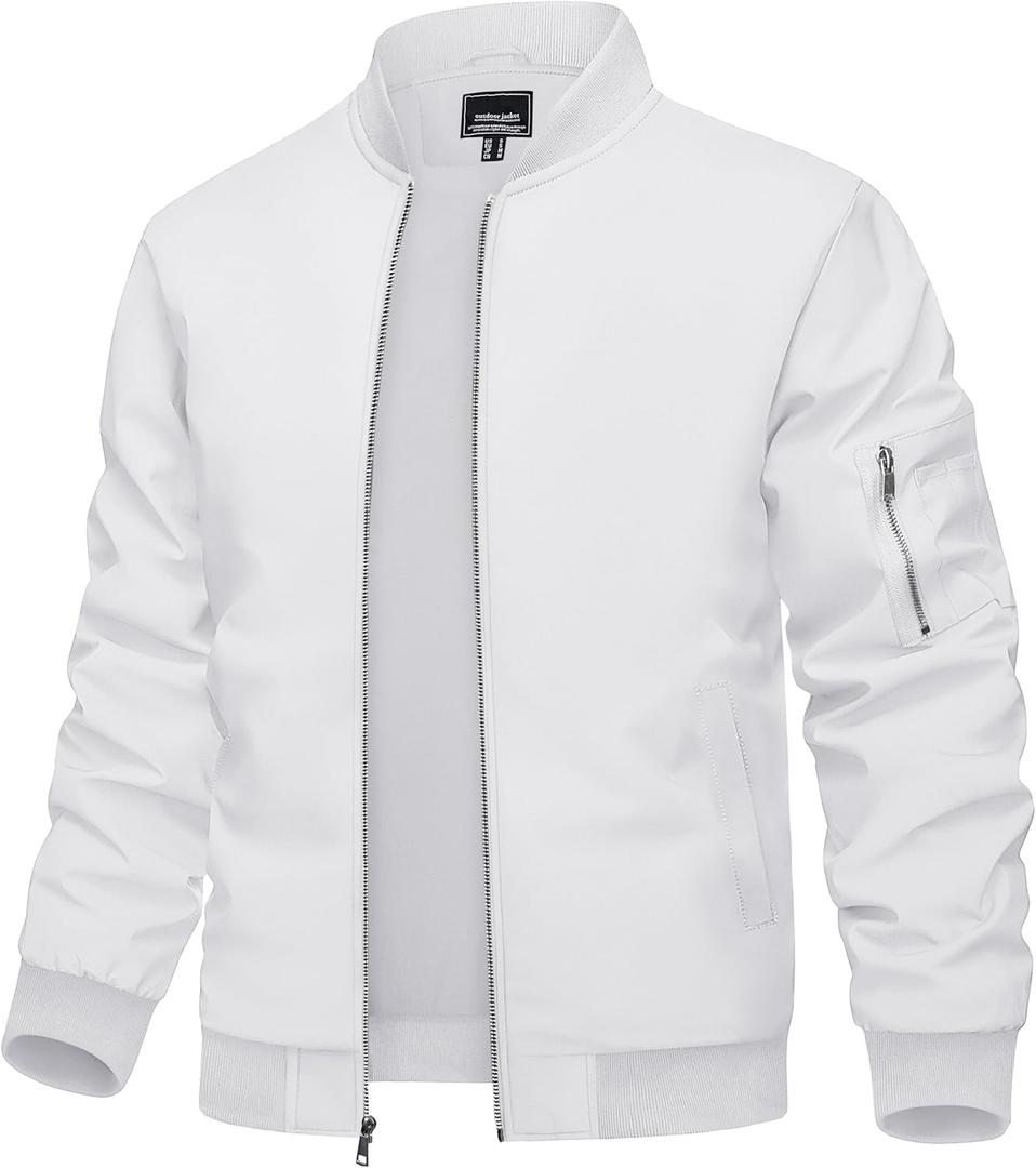 TACVASEN Men's Bomber Jacket Lightweight Casual Spring Fall Windbreaker Zip Up Coat with Pocket (Medium, #01 White)