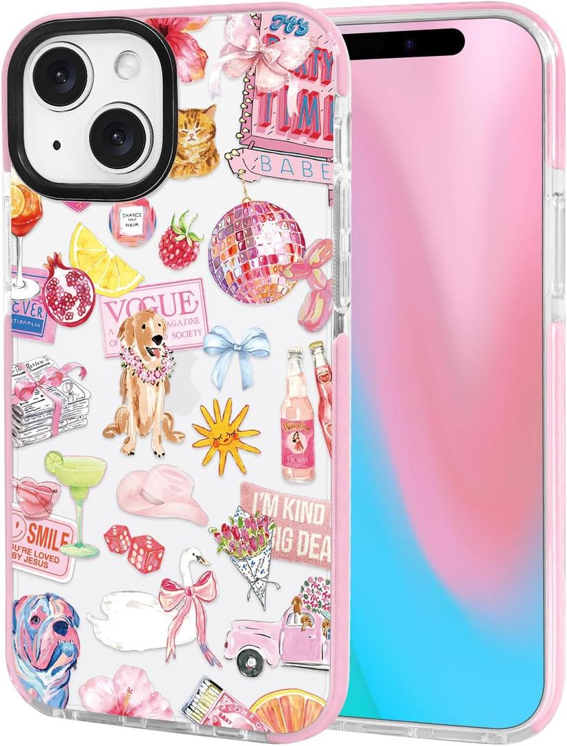 ChiCsFleur for iPhone 13 / iPhone 14 Case, TPU Phone case with Camera Protection for Women Girls Teens - Pink Preppy Collage Gift Y2K Disco Vogue Cowboy Bow Design Lemon Swan Aesthetic Unique (PartyLace)