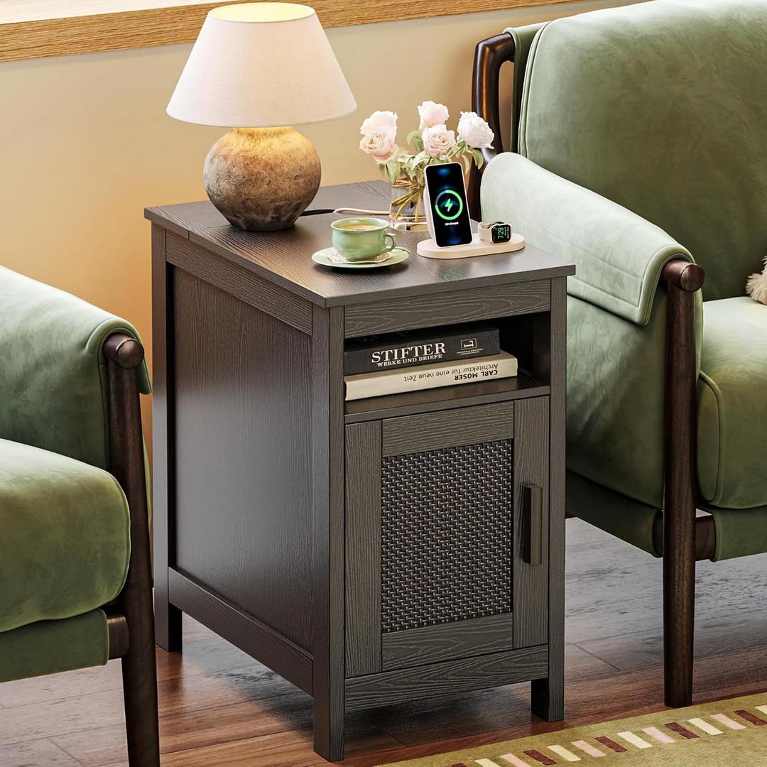 Huuger Narrow Night Stand, End Table with Charging Station, USB-C Port, Rattan Side Table with Cabinet and Open Shelf, Synthetic Rattan, for Small Spaces, Bedroom, Black