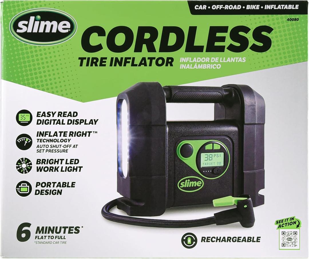 Slime 40080 Cordless Tire Inflator, Rugged Portable Air Compressor Pump with Auto Shut Off, Lithium Ion Battery and LED Light, Rechargeable