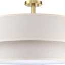 2 Tier LED Cream Drum 24" Drum Fabric Gold Farmhouse Semi Flush Mount Light