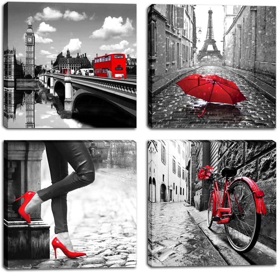 YMYXMC33 Black and White Wall Art Canvas Print Paris Eiffel Tower City Picture Red Rose High Heels Girl Silhouette Pictures Decor Living Room Bedroom 16"x16"x4