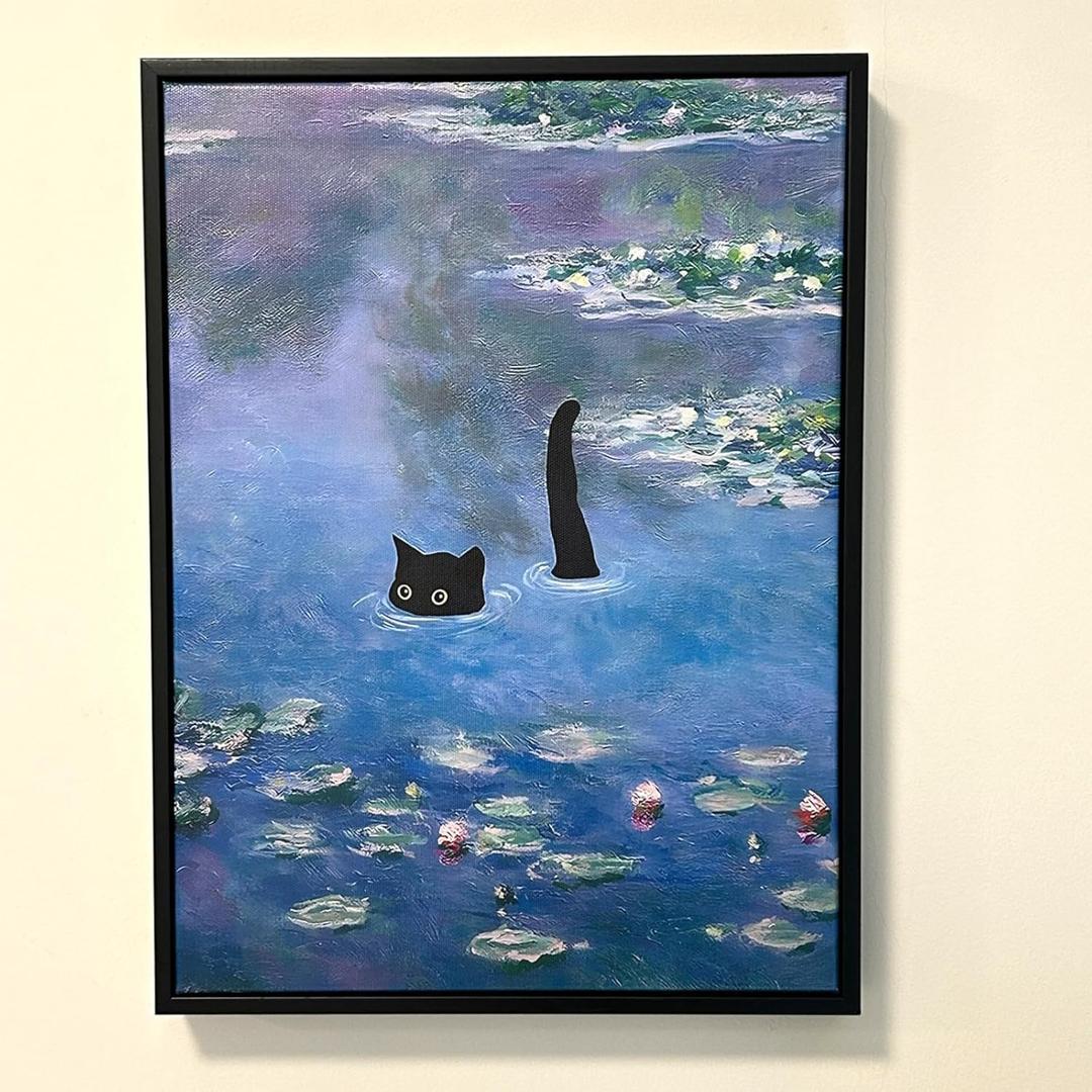Gwindrise Framed Wall Art Painting: Black Cat in Water Lily Pond, 12x16-Inch, Monet Wall Art Vintage Prints, Cute Home Decor (Blue)
