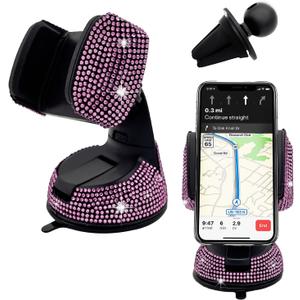 Bling Car Phone Holder, 360 Degree Adjustable Crystal Auto Dashboard Air Vent Cell Phone Mount, Universal Car Phone Holder Mount for Windshield Dashboard and Air Outlet (Pink)