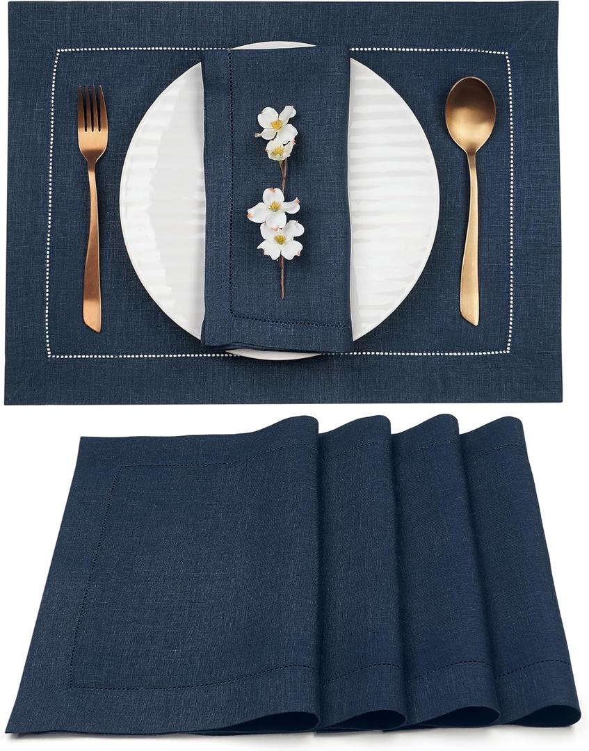 D'Moksha Homes Linen Placemats Set of 4 - Classic Hemstitch Navy Blue Placemats 14 x 19 Inch - 100% Pure Linen Table Mats for Easter - Handcrafted and Machine Washable