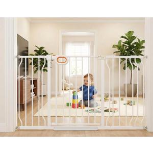 Baby Gates Extra Wide with Door 29.1-57.5 Inch Extra Wide Pressure Mounted Baby Dog Gate for Doorways Indoor Metal Gate No Drilling with Walk-Through Door,White