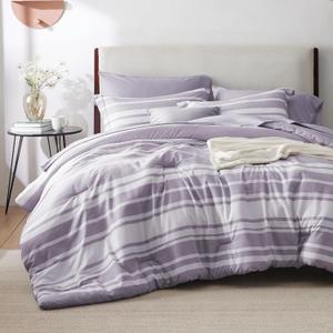 Bedsure King Comforter Set 7 Pieces, Purple Striped Bedding Set for All Seasons, Reversible, Cationic Dyeing Bed in a Bag with Comforter, Sheets, Pillowcases & Shams