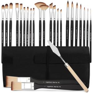 25 PCS Paint Brush Set for Acrylic, Oil & Watercolor, Artist Brush Kit with Flat, Filbert, Fan, Round, Liner, Dagger & Angle Brushes, Synthetic Bristles, Roll-Up Case