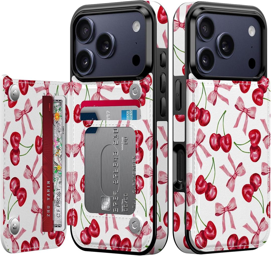 FUNMIKO for iPhone 17 Pro Max Wallet Case with Card Holder, RFID-Blocking, Military-Grade Drop Protection & Floral Animal Design, Magnetic Closure with Leather Kickstand - Cherry and Bows