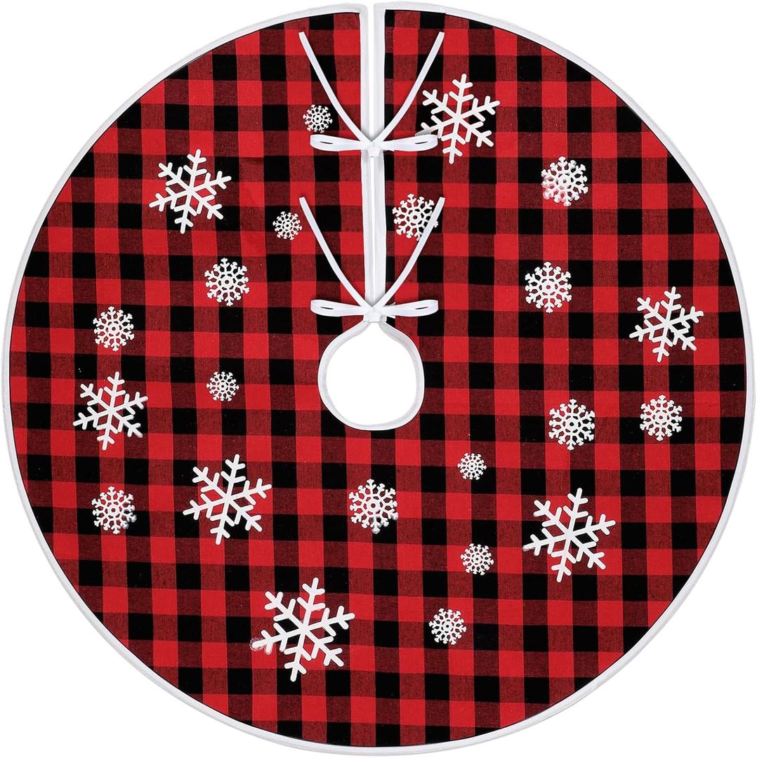 Christmas Tree Skirt 30 Inch Simulated Linen Fabric Tree Skirt with Snowflakes Printed Xmas Mat for Christmas Holiday Party Decoration Indoor Outdoor(Red Black)