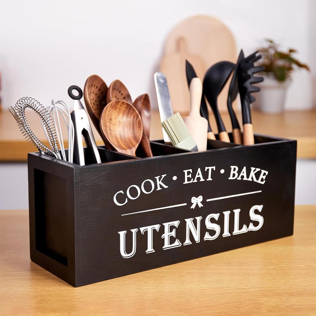 Utensil holder for Kitchen Counter Large Round Utensils Holder with Wooden Base Matte Black Cooking Utensil HolderKitchen countertop Utensil Organize (Black-4 Compartments)
