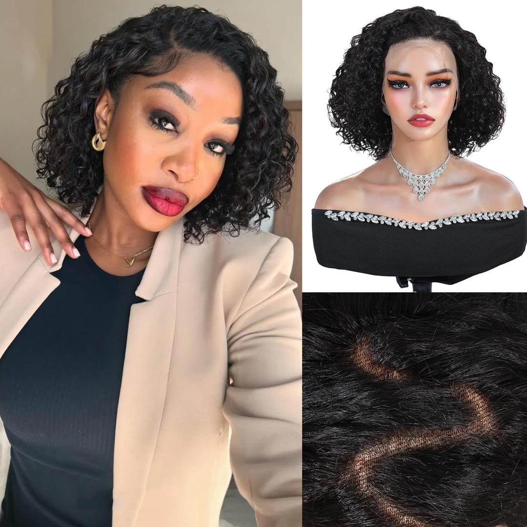 Quantum Love Short Curly Human Hair Wigs for Black Women 12 Inches Kinky Curly Lace Front Brazilian Virgin Human Hair 13x4 Lace Frontal Deep Curly Bob Wig Natural Black