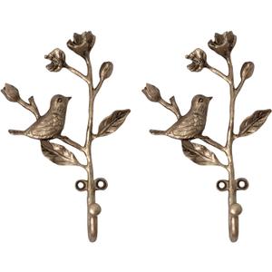 2 Pieces of Antique Brass Wall Hooks. Heavy - Duty Metal Ornament Hooks for Hanging Coats, Backpacks, Towels and Keys. 3D Bird - on - Branch Style for Home Decor