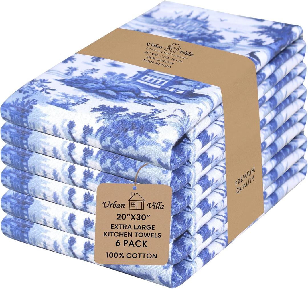 Urban Villa Kitchen Towels Set of 6 French Toile Kitchen Towels 20X30 Inches 100% Cotton Highly Absorbent Kitchen Towels Premium Quality Ultra Soft Mitered Corners KitchenTowels