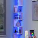 5 Tiers Corner Shelf with RGB LED Lights, 49.2" Wall Mount Floating Corner Display Shelf for Living Room Bedroom Home Office Decor, APP & Remote Control (White)