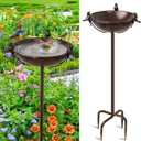 Freestanding Birdbaths Bowl Outdoor, Standing Garden Bird Bath Feeder Bowl with 3 Bird Statues, Birdbath & Birdfeeder with Metal Stake Garden Yard Lawn Decor (Brown)
