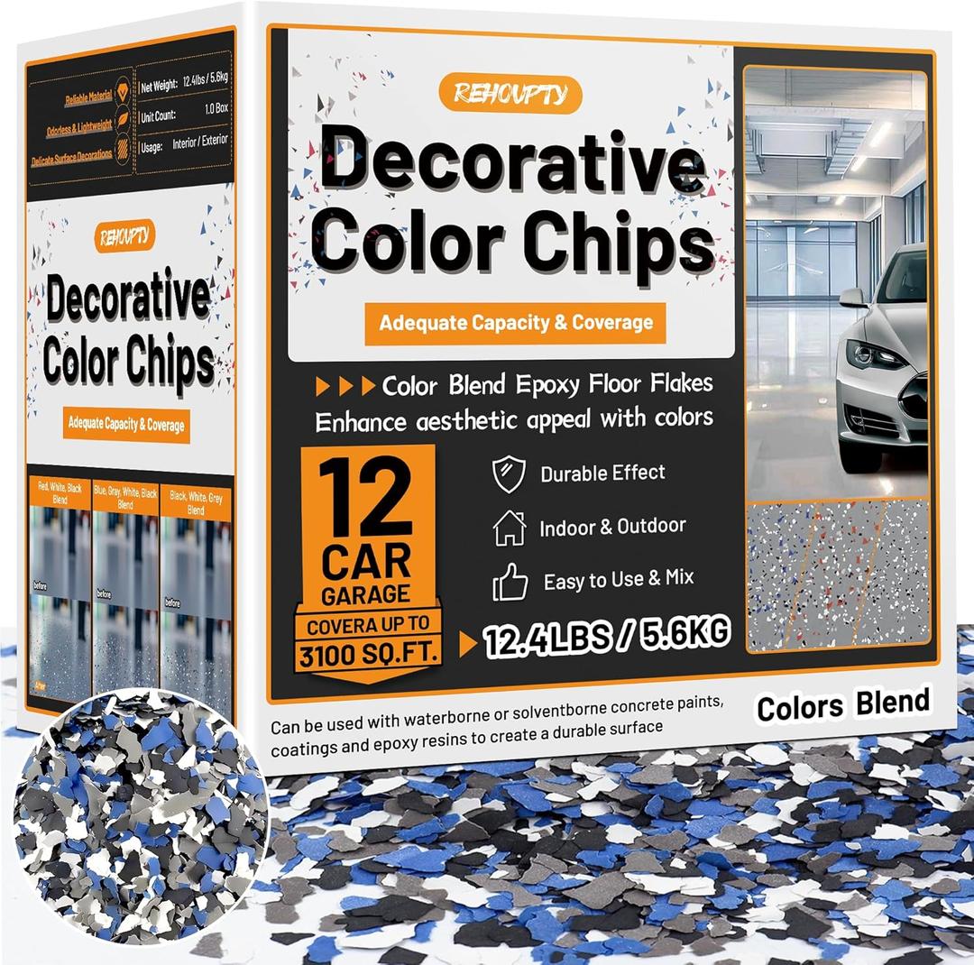 Blend Decorative Color Chips, 3-5MM Epoxy Floor Flakes Chips - Stone Carpet Epoxy Flooring Paint Chips for Garage Floors Walls Interior & Exterior House Painting (Blue, Gray, White, Black, 12.4 Lbs)