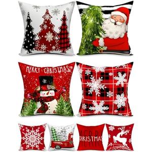 Double-Sided Print Christmas Pillow Covers 20''x20'', Set of 4, 8 Christmas Patterns Christmas Tree, Snowman, Snowflakes, Merry Christmas, Deer, Santa Claus,Truck, Let It Snow, Soft Linen Material