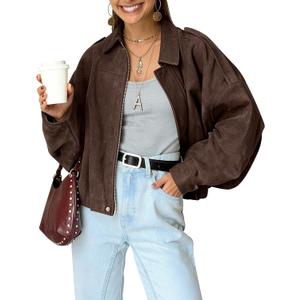 Kissonic Womens Faux Suede Bomber Jacket Oversized Batwing Long Sleeve Zip Up Cropped Coat Streetwear (Brown, Small)
