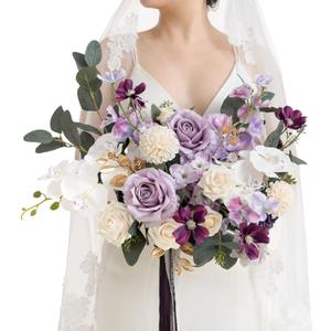 Ling's moment Purple Bridal Bouquet, 15 Inch Lilac Wedding Bouquets for Bride, Silk Free Form Bridal Bouquets for Wedding, Ceremony, Anniversary, etc. (Prpl-gold & Lilac)