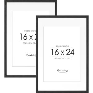 16x24 Solid Wood Poster Frame, Natural Wood Picture Frame with Paper Mat, Display picture 12x18 with mat or 16x24 without Mat, Set of 2 Black Picture Frame