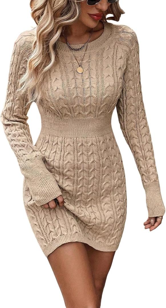 GORGLITTER Women's Cable Knit Sweater Dress Long Sleeve Knit Winter Dresses Crewneck Mini Pencil Dresses Khaki Small