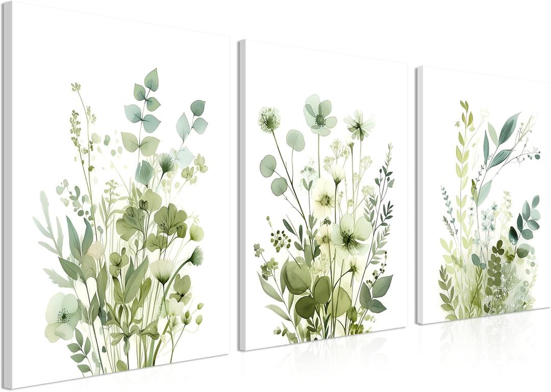 Boho Floral Canvas Wall Art Set of 3, Sage Green Wildflower Botanical Wall Decor Painting, Minimalist Watercolor Flowers Posters Prints for Bedroom Bathroom Living Room 12x16 In Framed