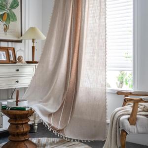 Sutuo Home Boho Curtains 90 inches for Living Room Bedroom, Semi Blackout Linen Farmhouse Shabby Chic Tassel Window Treatment Bohemian Embroidery Drape, Rod Pocket 1 Panel 52" W x 90" L, Coffee Linen