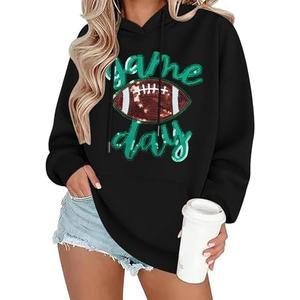 FASHGL Game Day Football Sweatshirt Women: Funny Football Graphic Hoodie Sunday Funday Pullover Hoodies Long Sleeve Tops (Medium, Black)