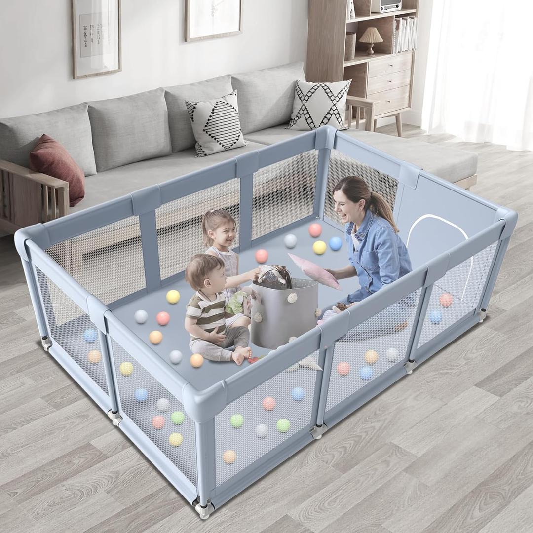 Baby Playpen Baby Playard Large playpen 74 x 50 inch, Playpen for Babies and Toddlers with Gate, Safety Baby Activity Center for Indoor & Outdoor (Grey)