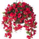 Artificial Fake Hanging Hibiscus Flowers Plants Baskets for Outdoor Spring Summer Decoration, Faux Silk Hibiscus Long Vines in Planter UV Resistant Realistic for Home Porch Balcony Patio Yard, Red