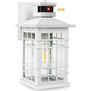 Motion Sensor Outside Wall Lantern Waterproof, White Dusk Dawn Outdoor Lighting Wall Mount with Tempered Glass, Modern Anti-Rust Motion Porch Light Fixture for Hallway Entryway Doorway (11.4 inch, White-without outlet(1-Pack))