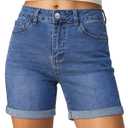luvamia Jean Shorts for Women High Waisted Trendy Mid Thigh Long Cuffed Hem Stretchy Denim Shorts Casual Summer Jorts (Blue, XS)