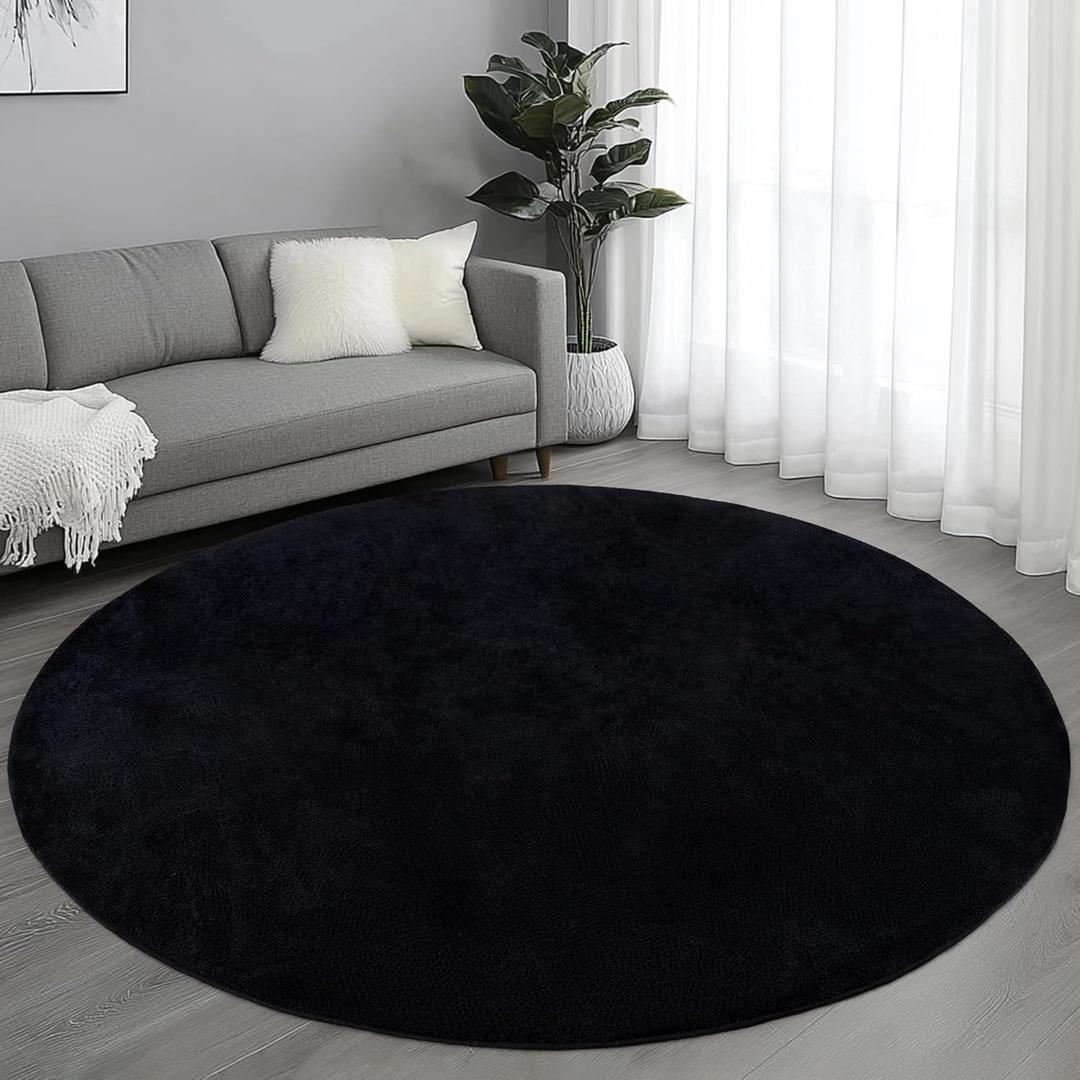 Round Area Rugs for Living Room Bedroom, 4x4 Feet Black Ultra Soft Thickened Memory-Foam Modern Indoor Circle Rug, Comfy Minimalist Circular Carpets for Girls Boys Nursery Dorm Home Decor