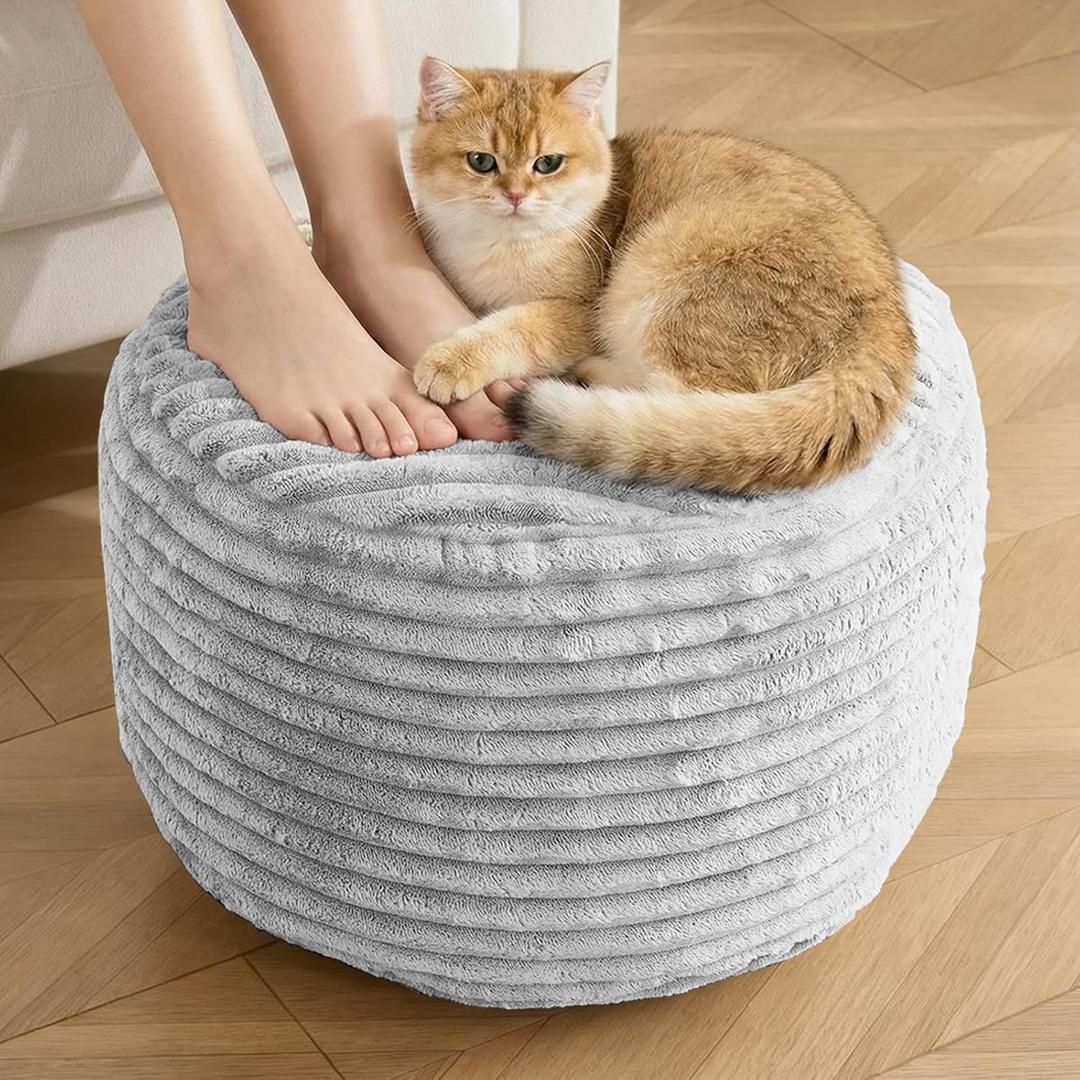 Round Pouf Ottoman,Corduroy Poufs with Memory Foam Filling for Foot Rest,Soft Footstool for Living Room,Office,20"x 15",Light Grey