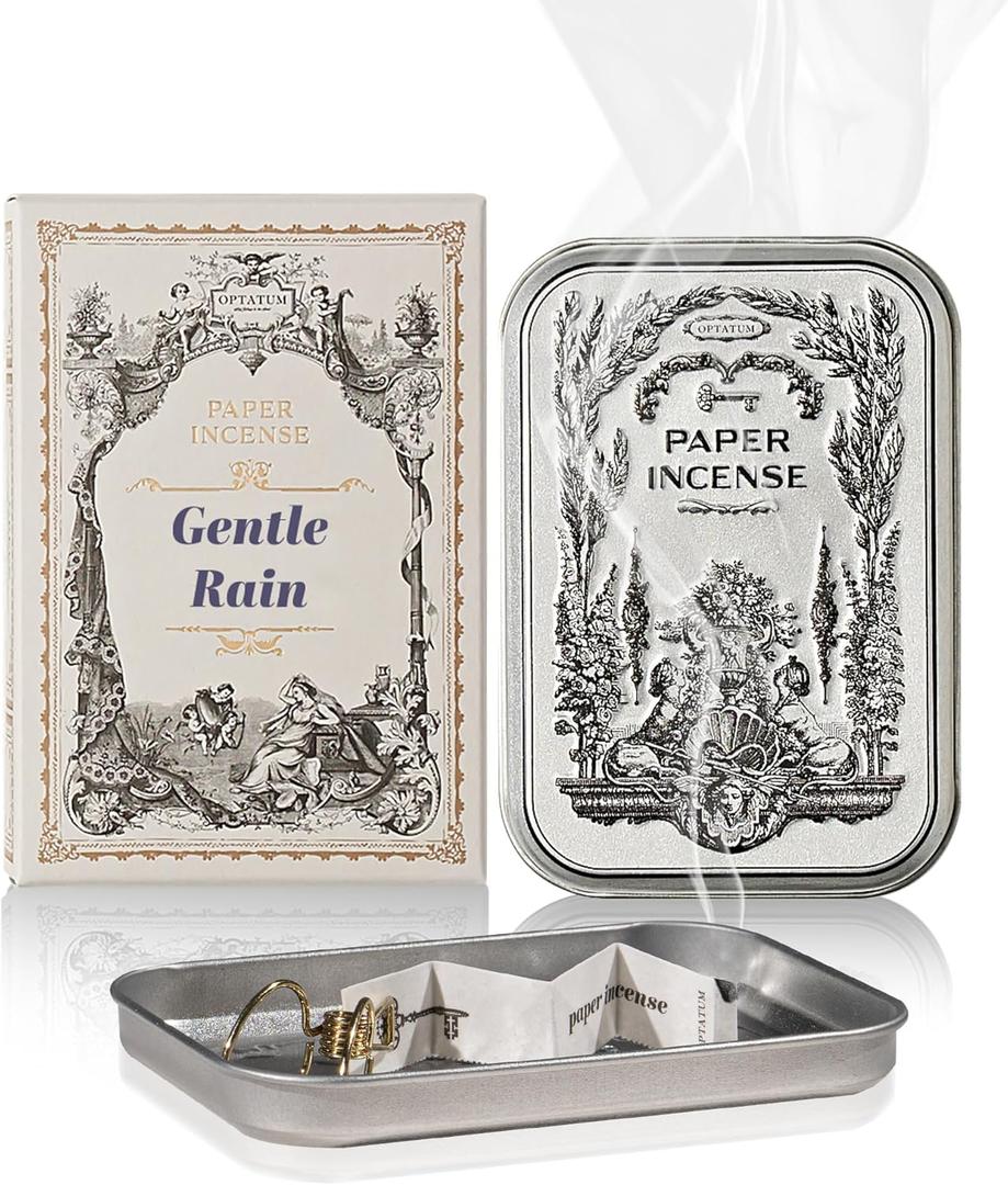 Paper Incense - 48pcs with Vintage Tin Case, Burning Papers Infused with Natural Essential Oils, Quick Usage & Long-Lasting Fragrance, Eliminating Bathroom, Kitchen, Pet Odors - Gentle Rain