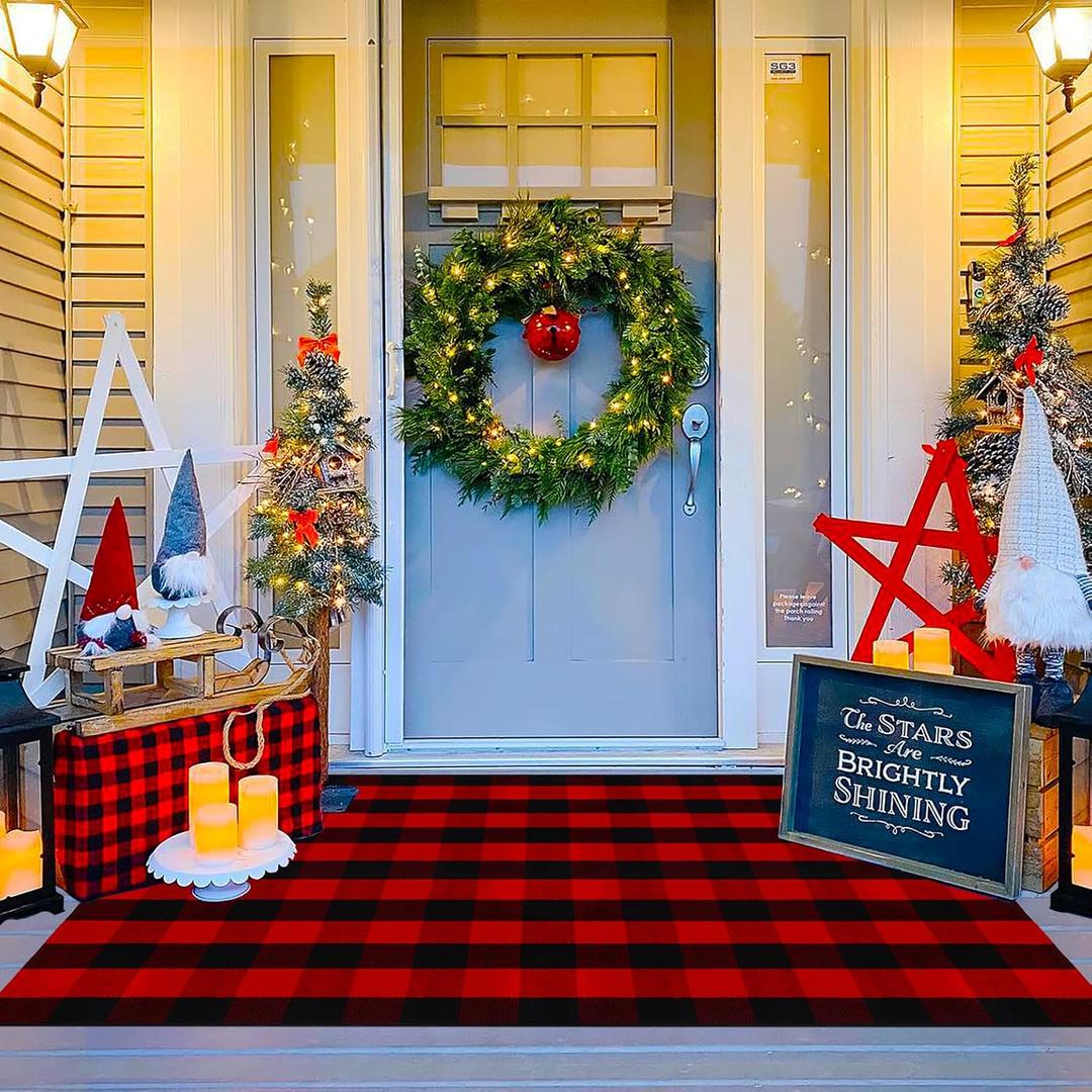 Ckorzen Red and Black Plaid Rug, 4' x 6' Christmas Halloween Outdoor Front Door Decor Mat, Cotton Hand-Woven Washable Rug for Layered Door Mats Carpet for Porch, Entryway