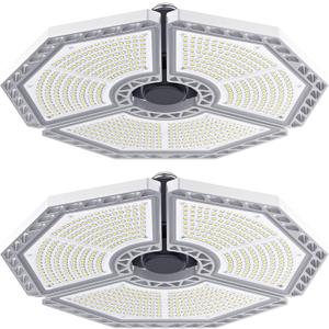 KERNOWO 2 Pack LED Garage Light, 140W 18500 Lumens Lighting, 6000K Daylight With Deformable Three Panels Ceiling Light Fixture E26/E27 Triple Glow LED Shop Light for Basement Workshop