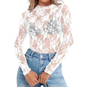 Eleosmo Womens Tops Mesh Long Sleeve Mock Neck Sheer See Through Blouses Shirts (X-Large, A:white)