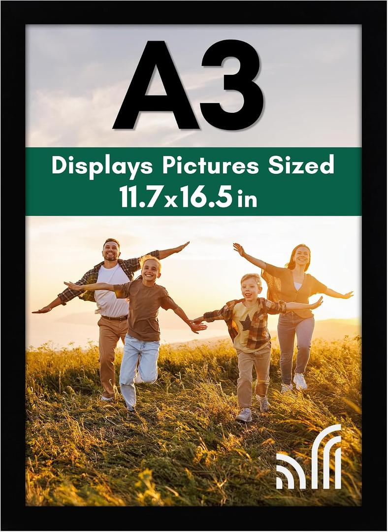Americanflat A3 Picture Frame with Shatter-Resistant Glass - 11.7x16.5 Frame with Engineered Wood - Signature Collection - A3 Frames for Wall Display - Black