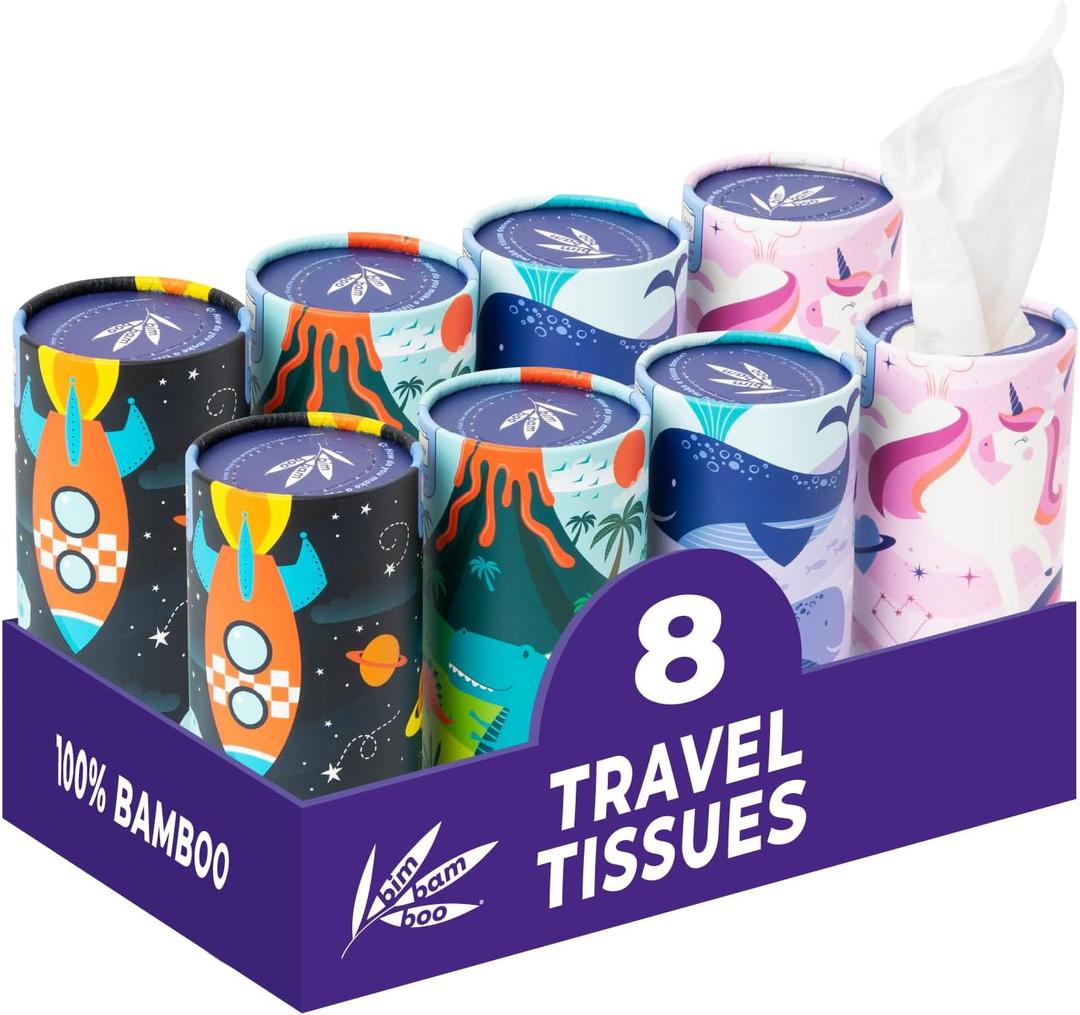 Bim Bam Boo 100% Bamboo Facial Tissue Tubes, 3-ply Hypoallergenic Travel Tissues in Car Tissue Holder, 8 Eco-Friendly Cylinder Tissue Tubes