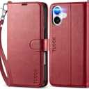 TUCCH Wallet Case for iPhone 16 with [Wrist Strap], Magnetic Closure RFID Blocking 4 Card Slot, Stand Shockproof TPU Shell PU Leather Folio Compatible with iPhone 16 2024, Dark Red with Wristlet