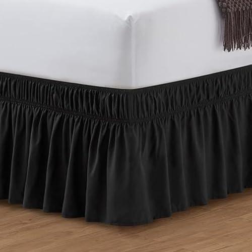 Black Wrap Around Bed Skirt with 16" Drop - Three Sides Fabric Adjustable Elastic Dust Ruffle, Twin(39"X 75") Black Bed Skirt