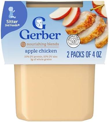 Gerber Baby Food 2nd Foods, Dinner, Apple Chicken Puree, 4 Ounce Tubs, 2-Pack (Pack of 8), Best Before: MAR/31/26