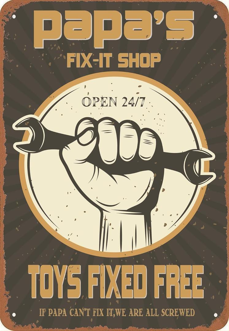 Funny Decorations For Man Cave Garage Wall, Vintage Tin Sign Papa's fix-it shop, Metal Post 12 * 8 Inches (PAPA'S FIX-IT SHOP)