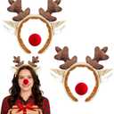 2 Pack Reindeer Antlers Headband, Deer Ears Costume with 2 Pack Red Nose Cute Fluffy Animal Hairbands (Brown)