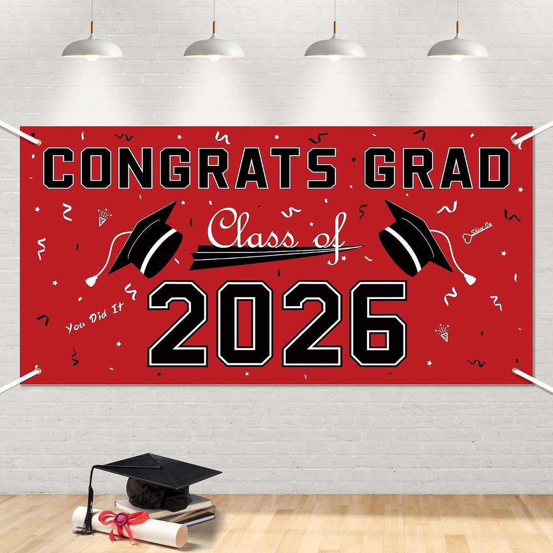 3 x Graduation Decorations 2026 - Red Polyester Graduation Backdrop - Graduation Party Decorations - Congrats Grad Banner - Graduation Decorations Class of 2026,Graduation Party Favors Supplies Yard Sign
