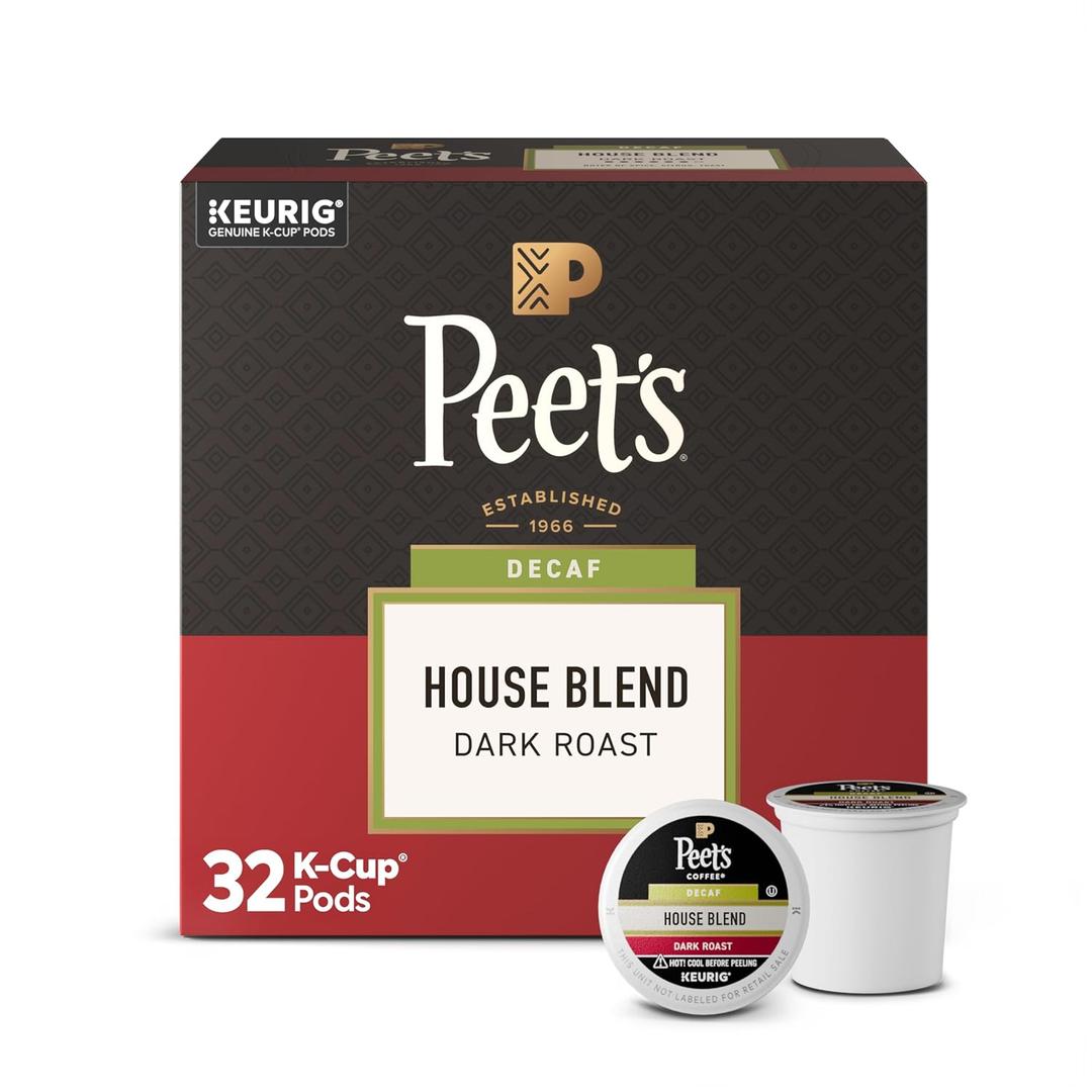 Peet's Coffee, Dark Roast Decaf Single Serve Coffee Pods, 100% Arabica Coffee - Decaf House Blend 32 Count (1 Box of 32 Pods) (EXP 12/21/26)