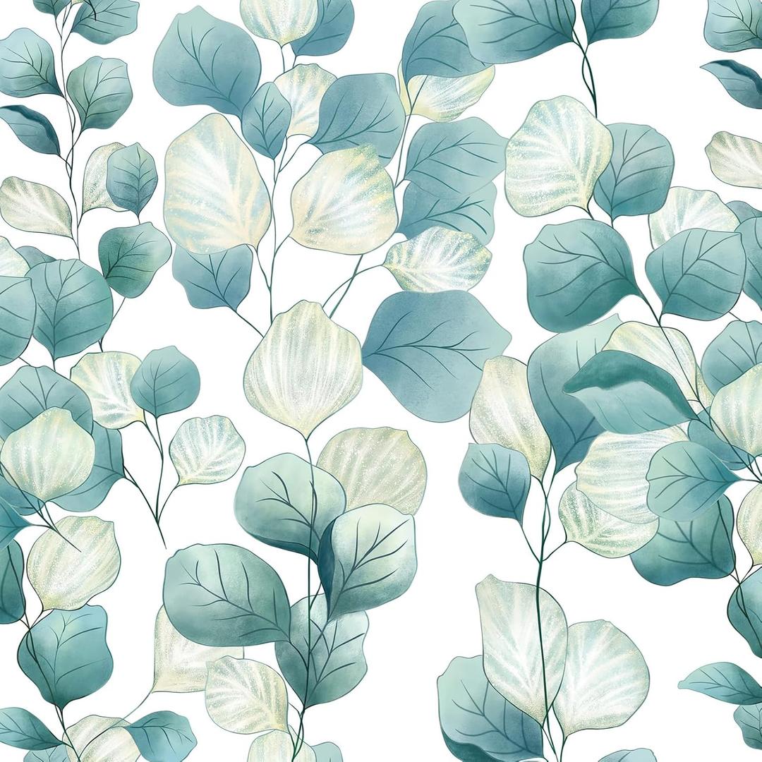 Vinjiasin Peel and Stick Wallpaper Green and White Leaf Contact Paper Modern Floral Wall Paper for Bedroom Bathroom Living Room Self Adhesive Removable 17.3"x 197"